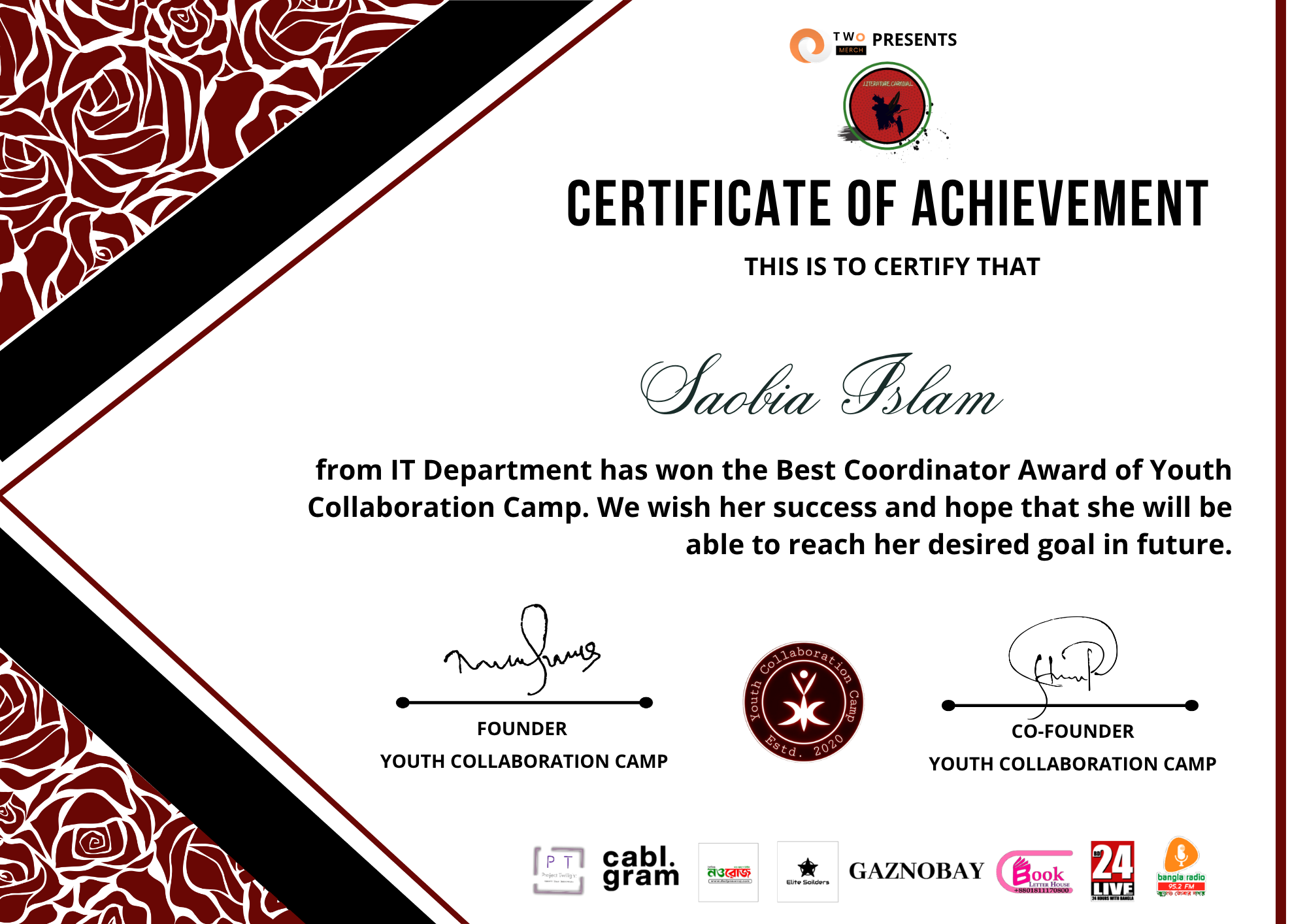 Best Coordinator Award Certificate