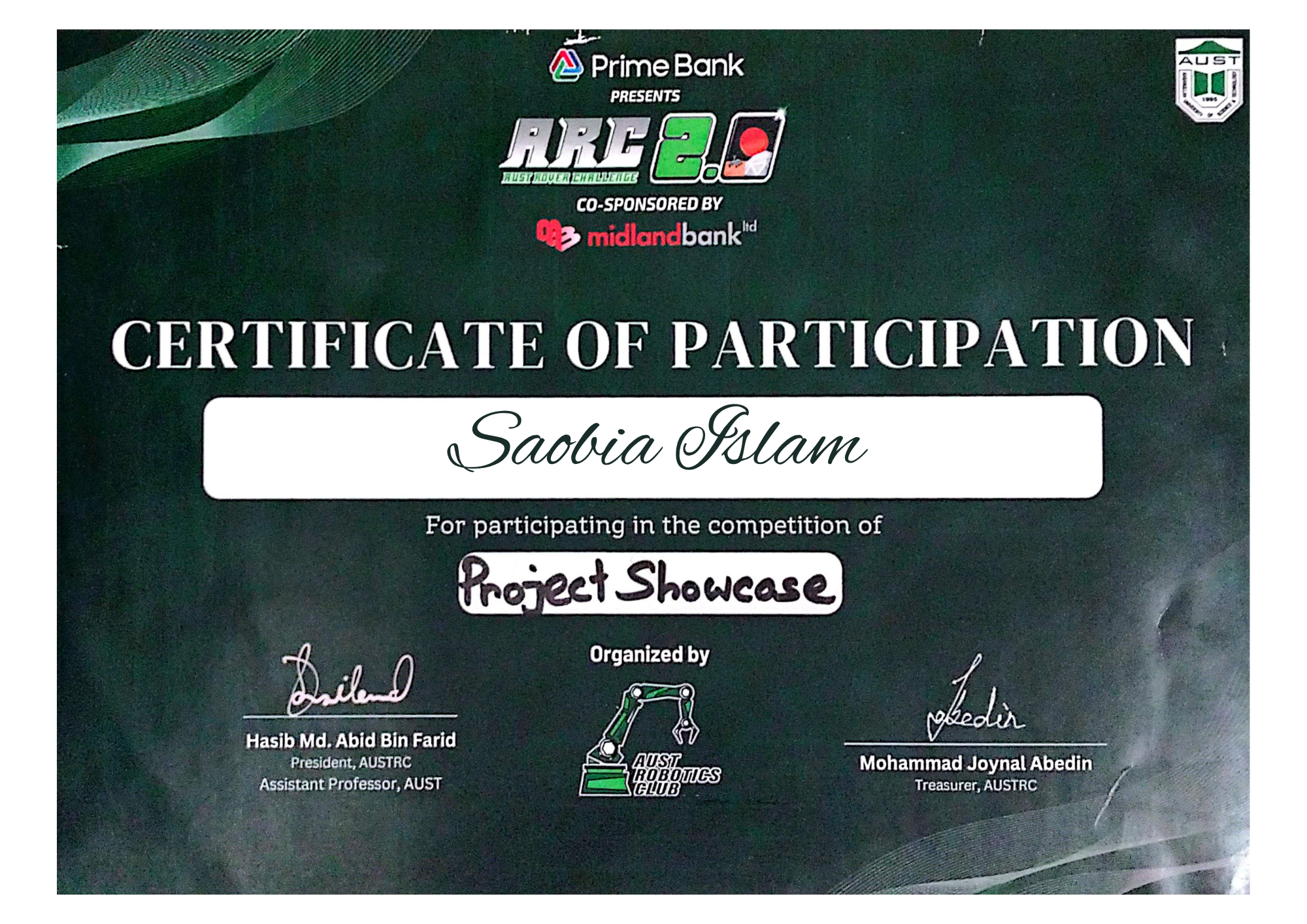 AUST Rover Challenge 2.0 Project Showcase Certificate